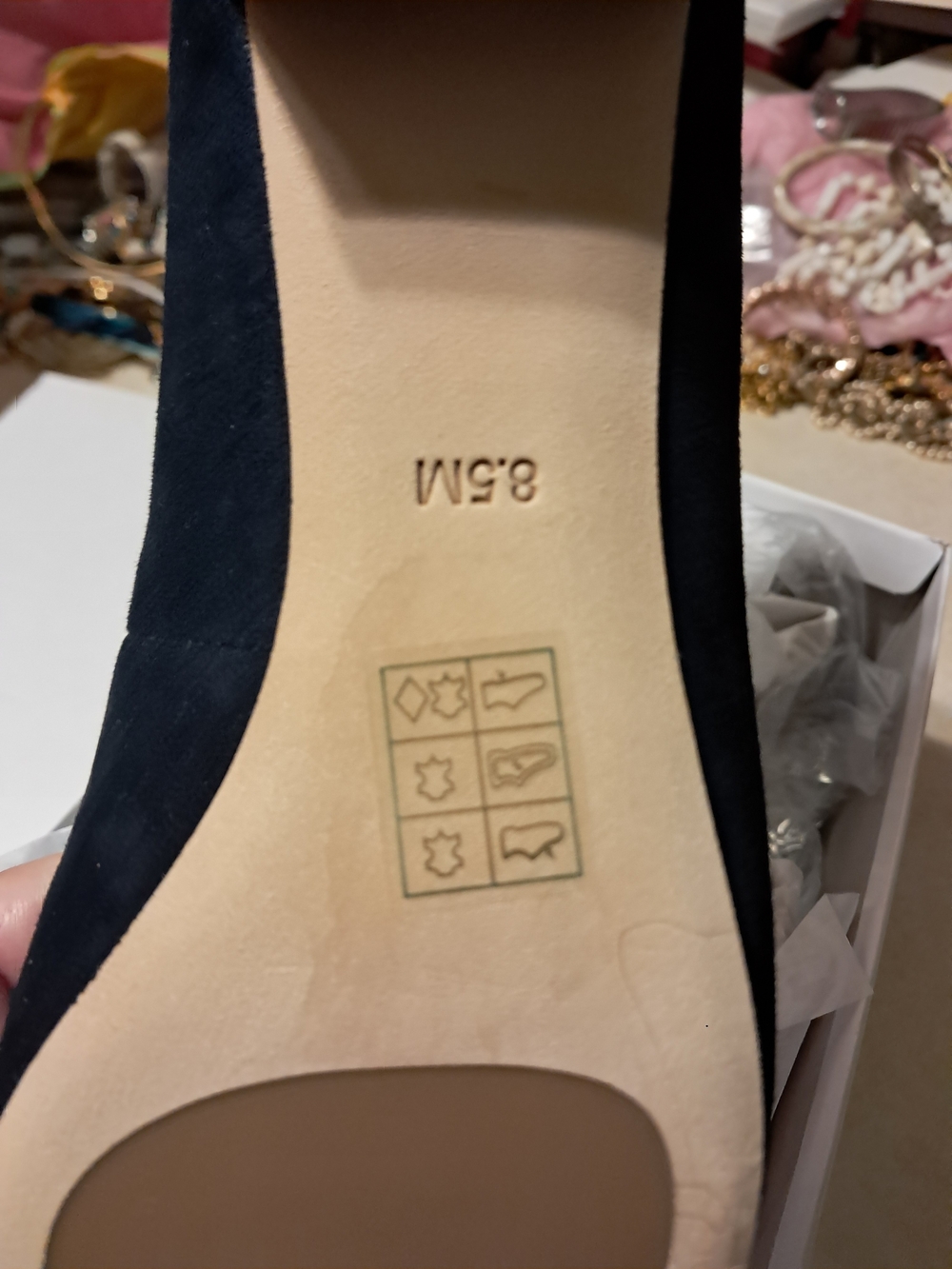 Tory Burch Navy Suede Flat with Gold Logo Plaque - Picture 3 of 4